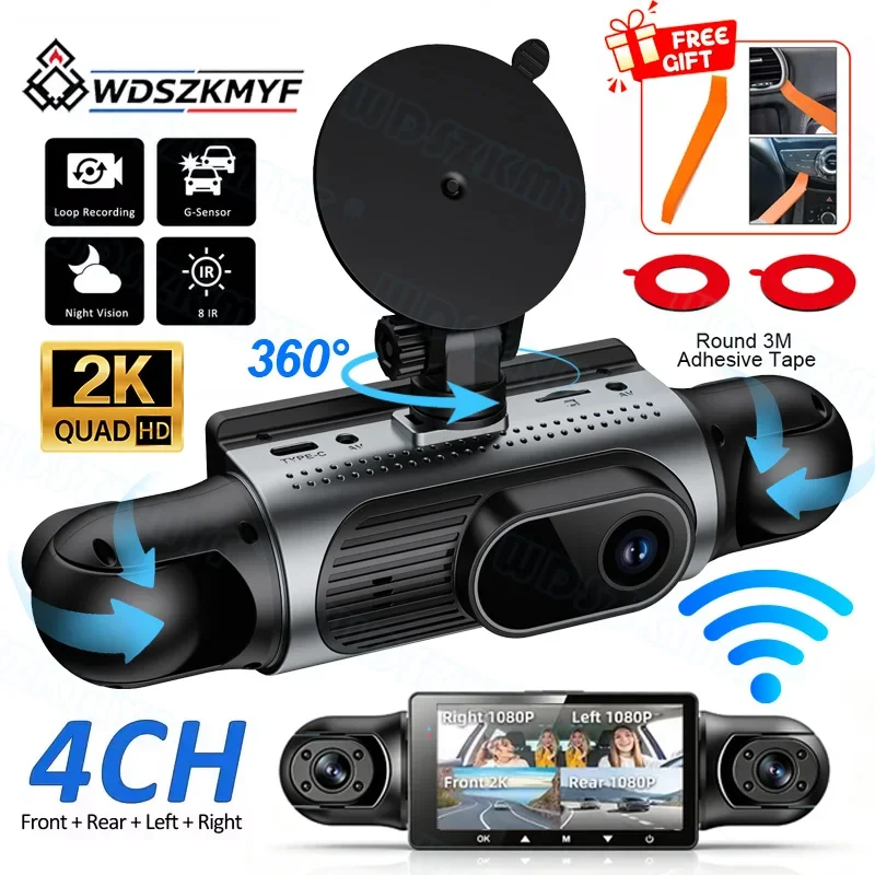 360°Car Dash Cam 4 Channel Black Box Driving Camera FHD 2K Front Left Right Rear Night Vision Loop Recording Add Hardwire Kit