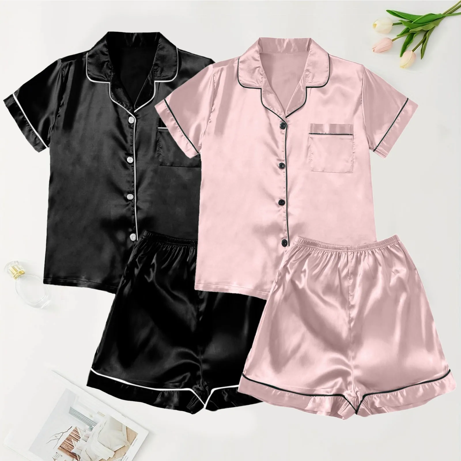 Sleepwear Women Silk Satin Short Sleeve Shorts Pajamas 4 Piece Set Breathable Quick Dry Night Dress Trouser Shirt Solid Nighties