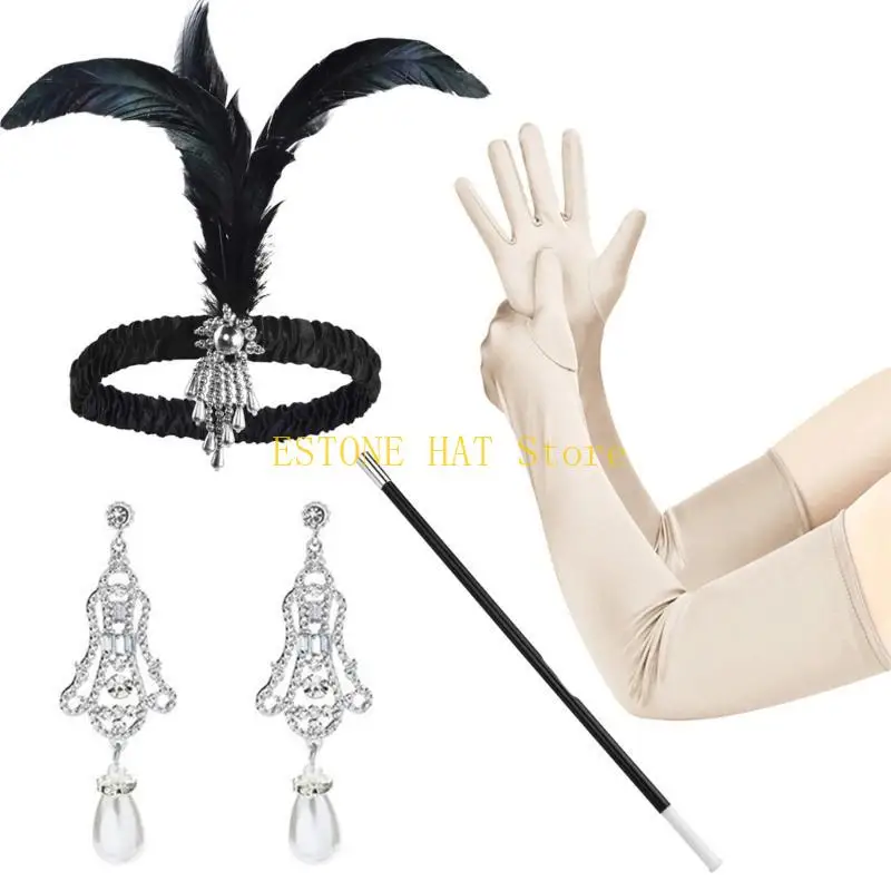 49MF Vintage 1920s Flapper Gatsby Women Costume Accessories Set Feathers Headband Satins Gloves Earrings for Cocktail Party