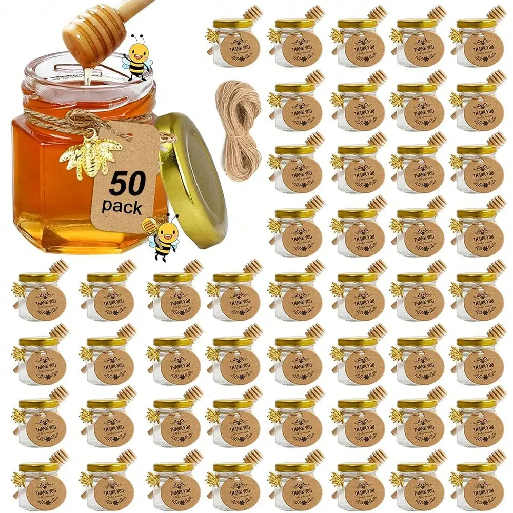 Mini Glass Honey Jars-1.5 Oz, 50 Pack Hexagon Honey Jars With Wooden Dipper, Gold Lid, Bee Pendant, Rope, Mini Honey Jars With Dipper, Perfect For Wedding Favors, Party Favors SH25021457837804358
