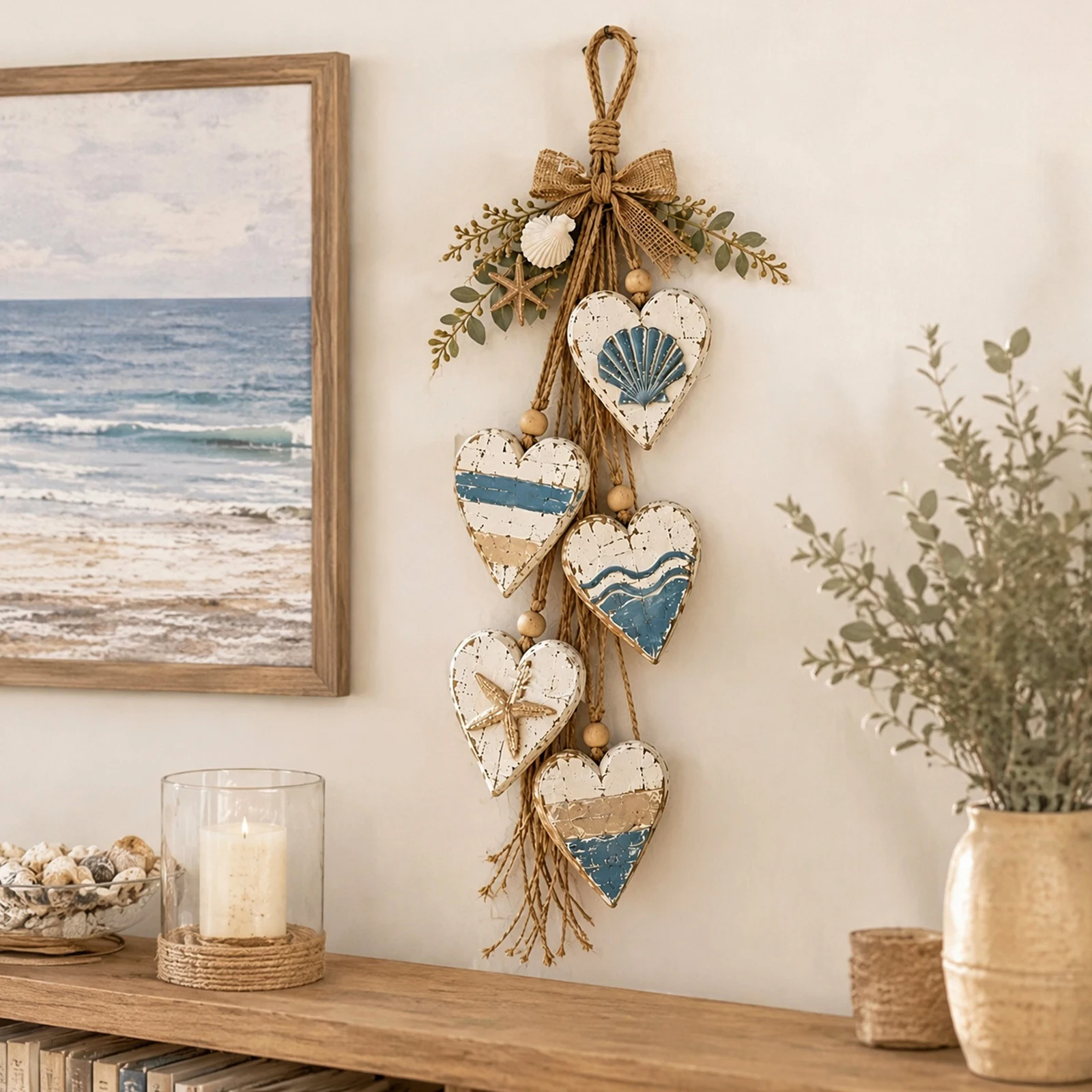 Boho Home Wall Art 5 Layered Heart Hanging Rustic Farmhouse Distressed Wood Jute Rope Decor