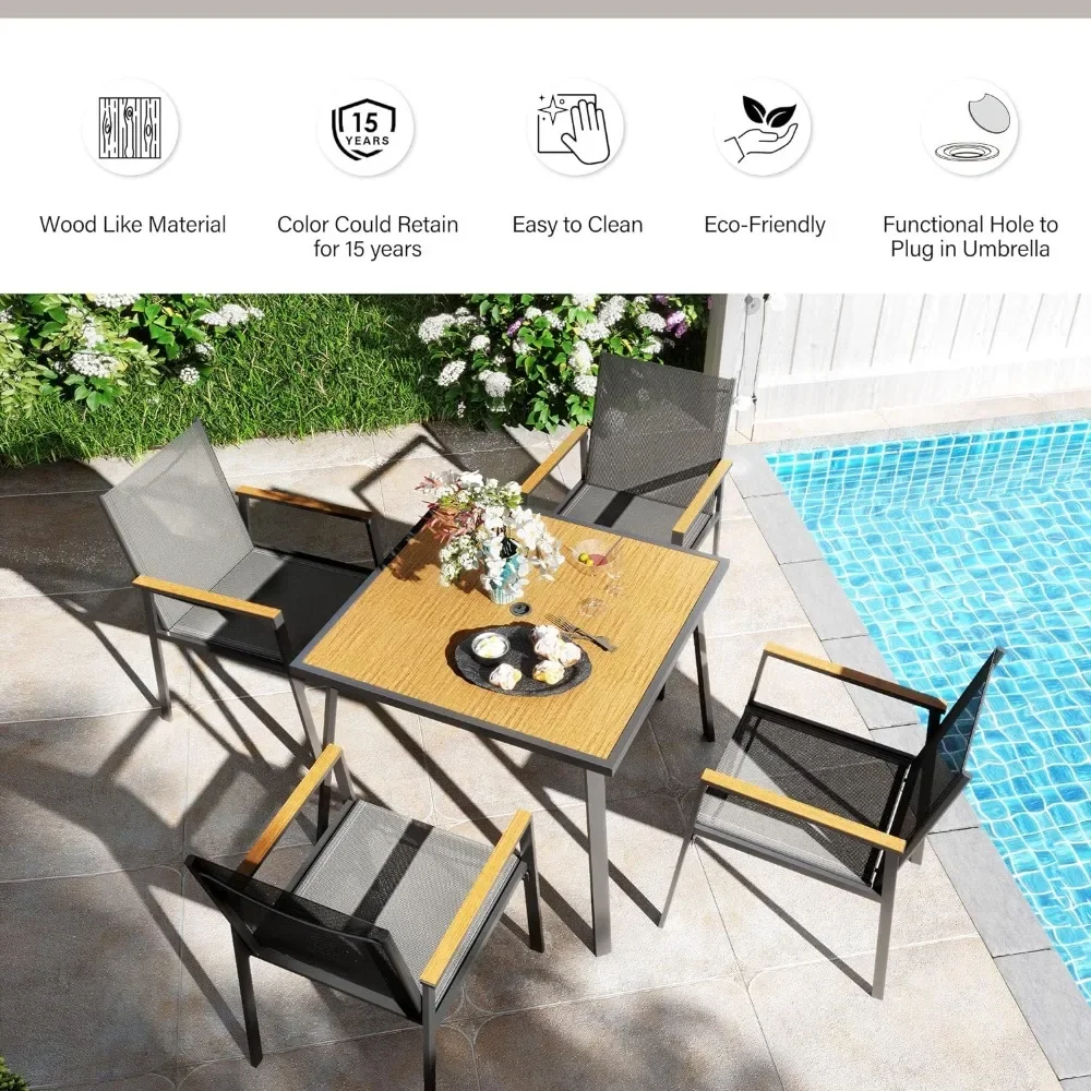 5 Pieces Outdoor Dining Set, Patio Furniture Set of 4 Chairs with Square Metal Slatted Table with Umbrella Hole,Conversation Set