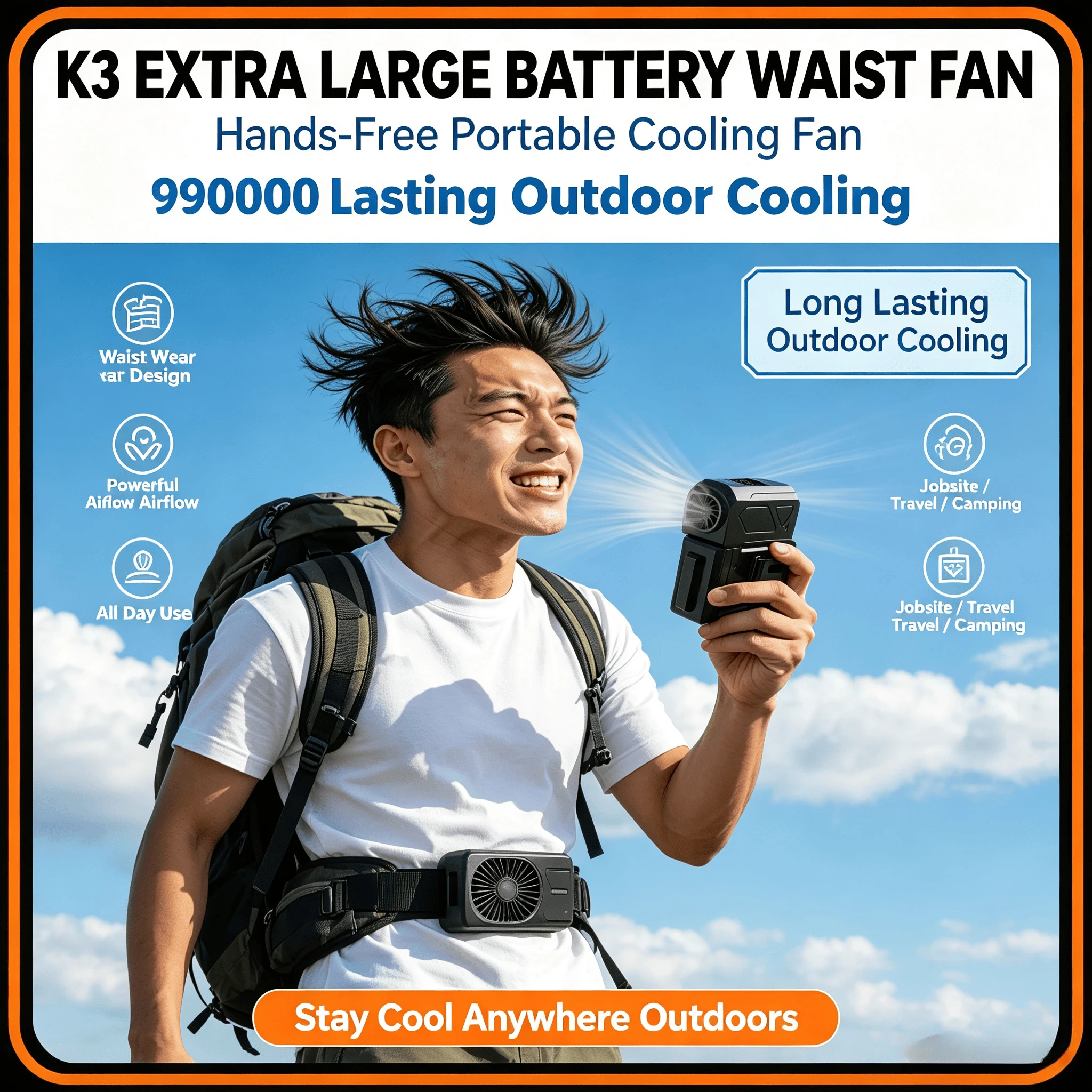 K3 NEW Extra Large Battery Wearable Waist Fan Hands-Free Portable Cooling Fan Long Working Time For Outdoor Jobsite Travel Campi