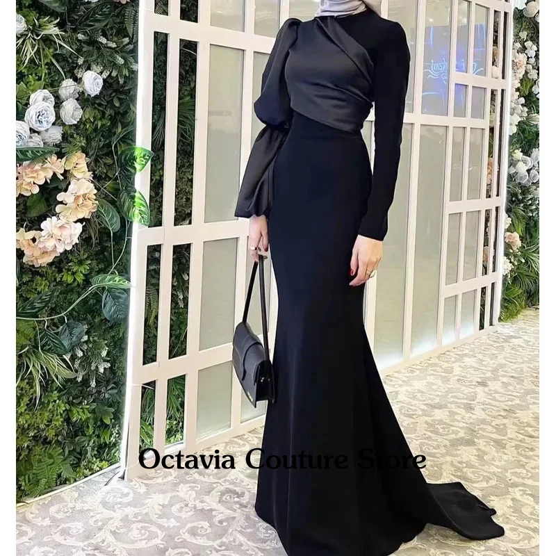 

Saudi Arabia Women Wear Black Mermaid Dresses for Evening Party Ruched Long Sleeves Zipper Back Dubai Prom Trumpet Gowns