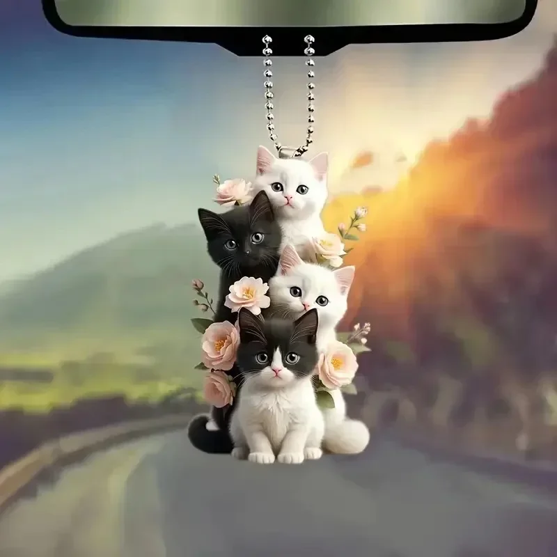 2D Car Pendant Hanging Ornament with Chain Realistic Animal Cat-Shaped Rearview Mirror Hanging Decor Car Interior Accessories image 5