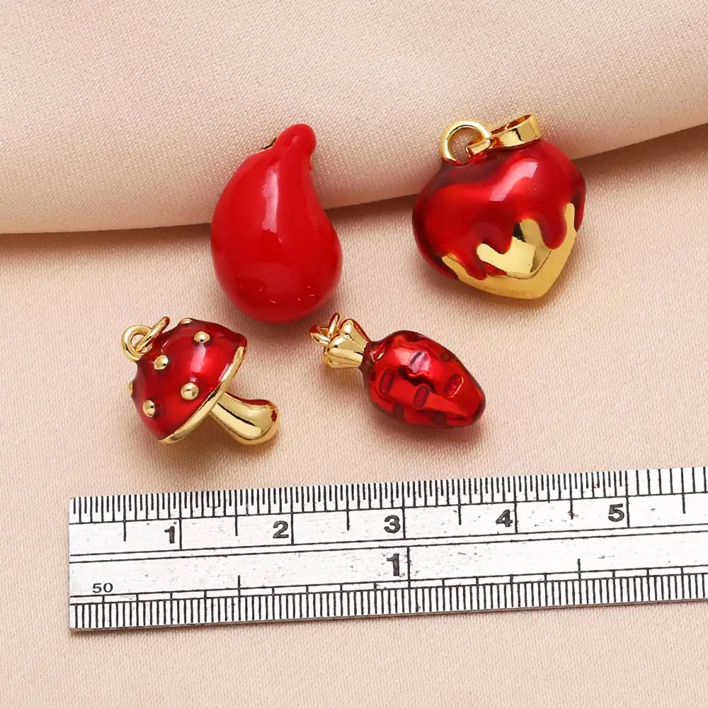 OCESRIO Trendy Red Enamel Strawberry Charms for Bracelet Copper Gold Plated Mushroom Carrot Chili accesorios de joyería chma319