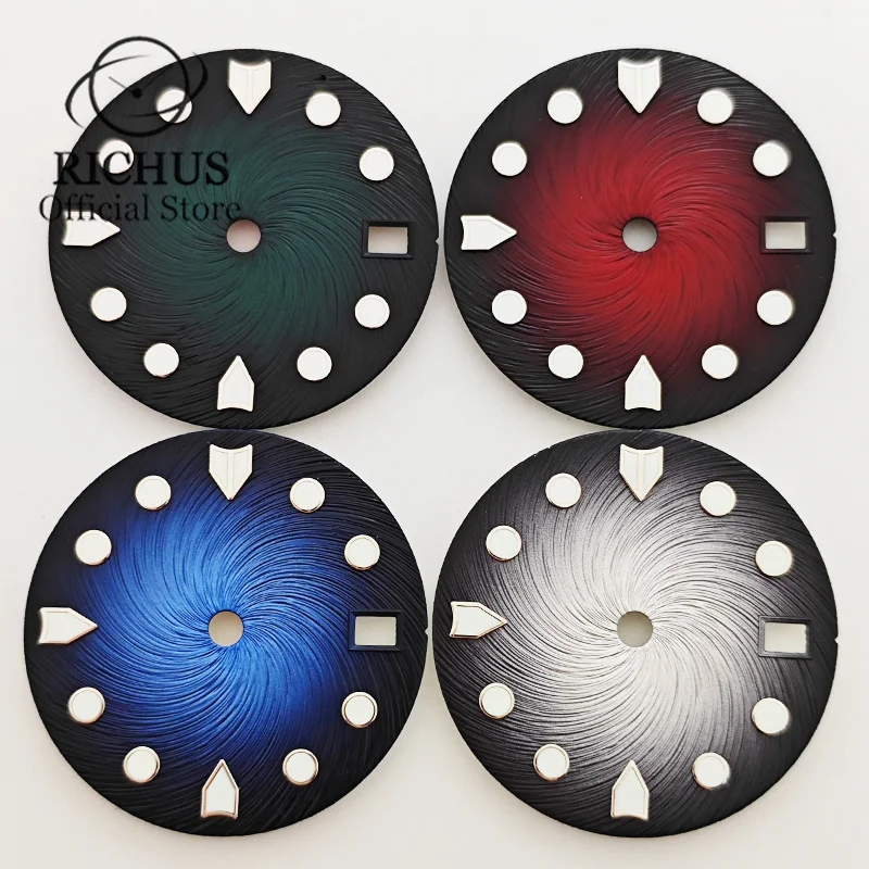 RICHUS 28.6mm Blue Green Red white Watch Dial Green Luminou Fit NH34 NH35 Movement Fit 3 O'Clock Crown 3.8 O'Clock Crown