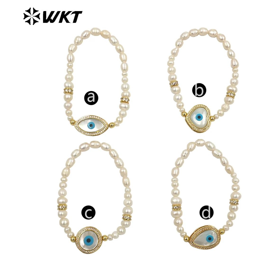 WT-MPB048 WKT Fashion Natural Freshwater Pearl Bracelet Round Devil Eye Shell Waterdrop Heart Shape Gold Plated Ladies Jewelry