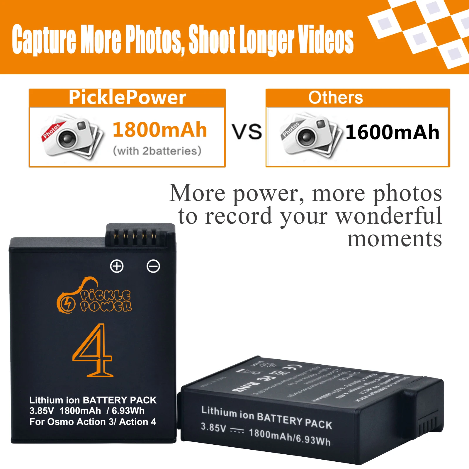DJI Osmo Action 3、Action 4、Action 5pro 用 1800mAh 交換バッテリー
