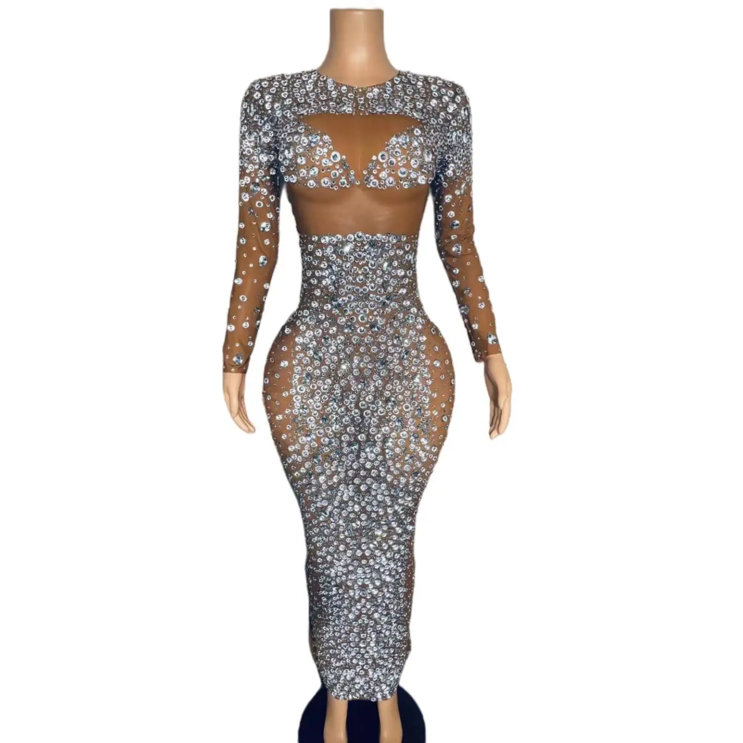 

Luxury Women's Elegant Diamond Evening Dress Mesh Transparent Ladies Dress Sexy Birthday Party Date Night Dress Sensual Gown