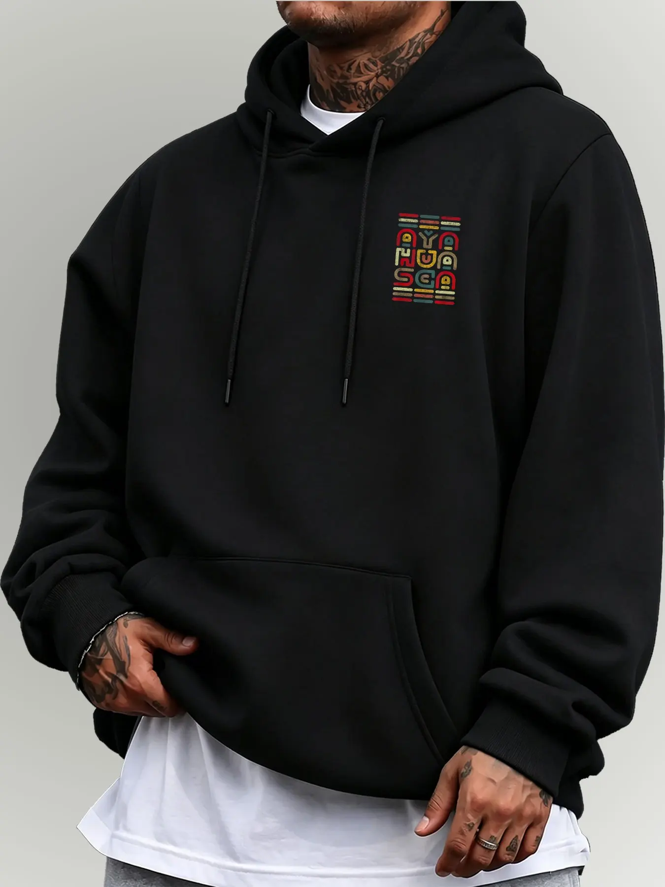Boho Abstrakt Gestalteter Farbiger Buchstaben-Hoodie für Herren Vintage Mehrfarbiger Alphabet-Kunstdruck Lässiger Lockerer Streetwear-Hoodie – Detail 7