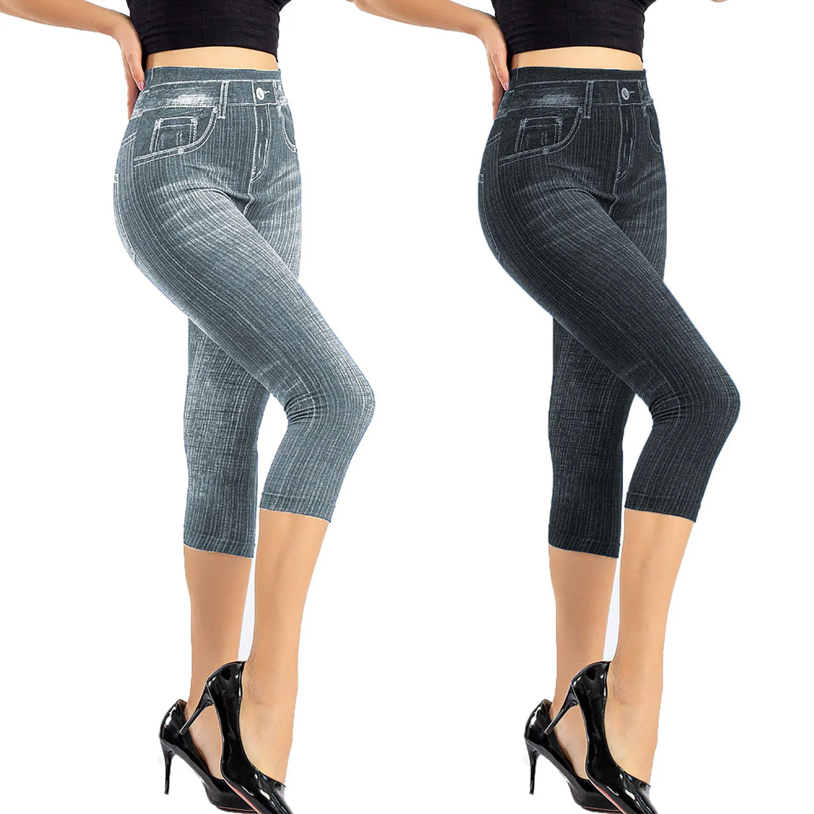 Women Jeans Stylish Women\'s High Waist Cropped Jeans with Slimming Stripes Pockets Casual Mid-calf Length Trousers for Commuting