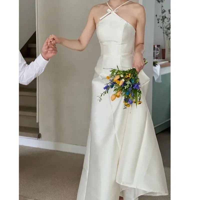 Новейшее свадебное платье трапециевидной формы, элегантное вечернее платье без рукавов длиной до пола, милый бант, Холтер, простые свадебные платья с пятнами