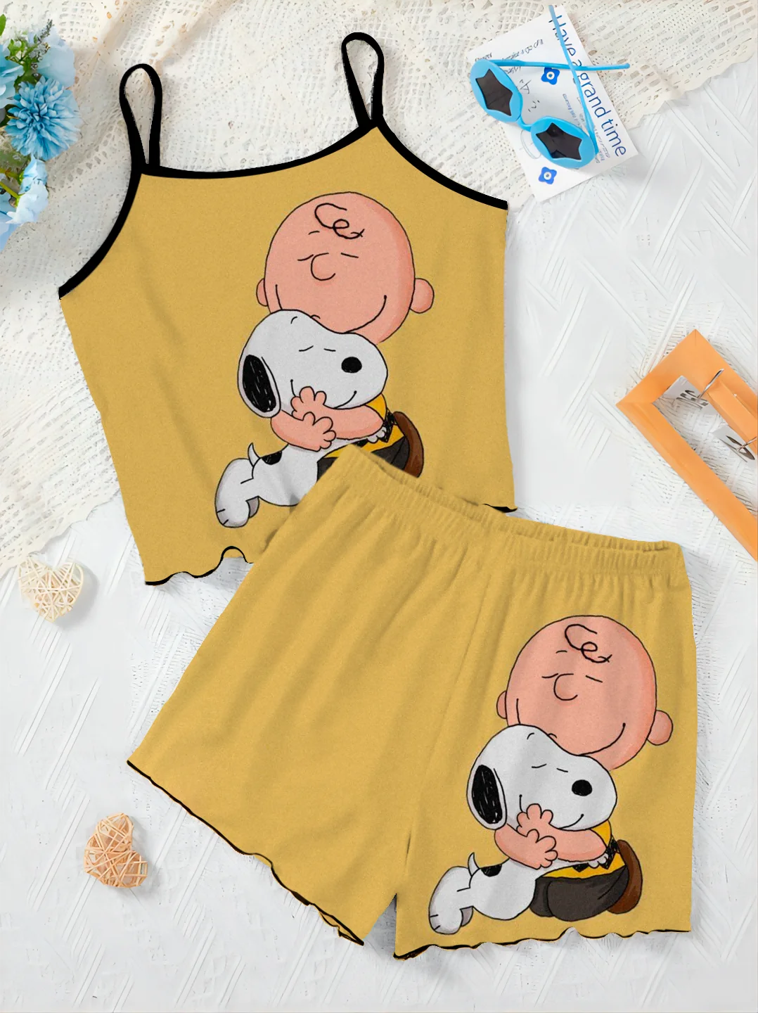 Women's Suit Two Piece Set Disney Lettuce Trim Short Sets Top Snoopy T-shirt Slip Dress Pieces Elegant Bottom Disney Home Dress