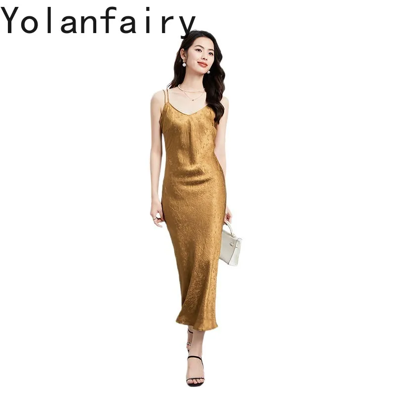 

YOLANFAIRY High-end 100% Acetate Strappy Dress for Woman Charm Sexy Spaghetti Strap Dress Gold Color Long Dresses Satin Dress 여름