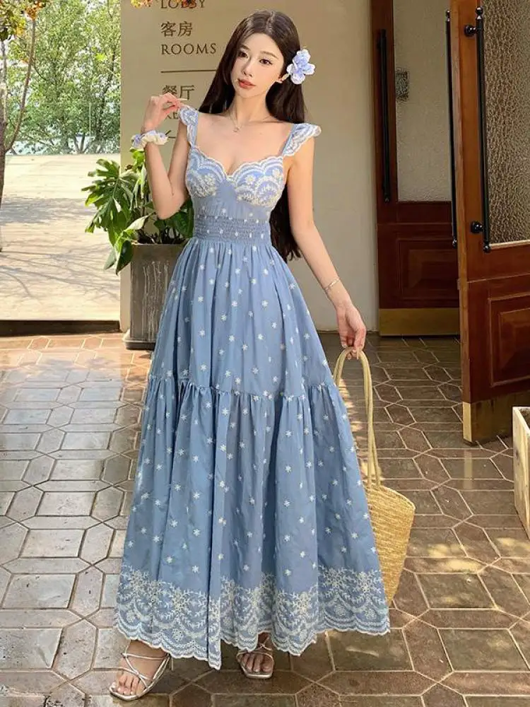 

Summer French Blue Embroidered V Neck Backless Party Slip Dress For Women Sleeveless Sexy High Waist Pleated Long Dress Bohemian