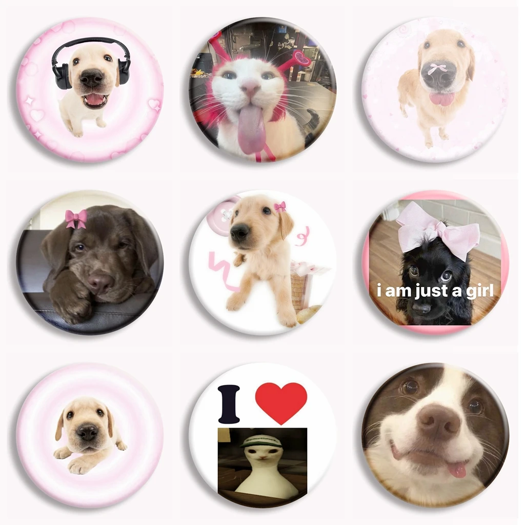 Cute Dog Cat Funny Meme Soft Button Pin Creative Pink Bow Dogs Cats Memes Brooch Badge Bag Decor Friends Gifts