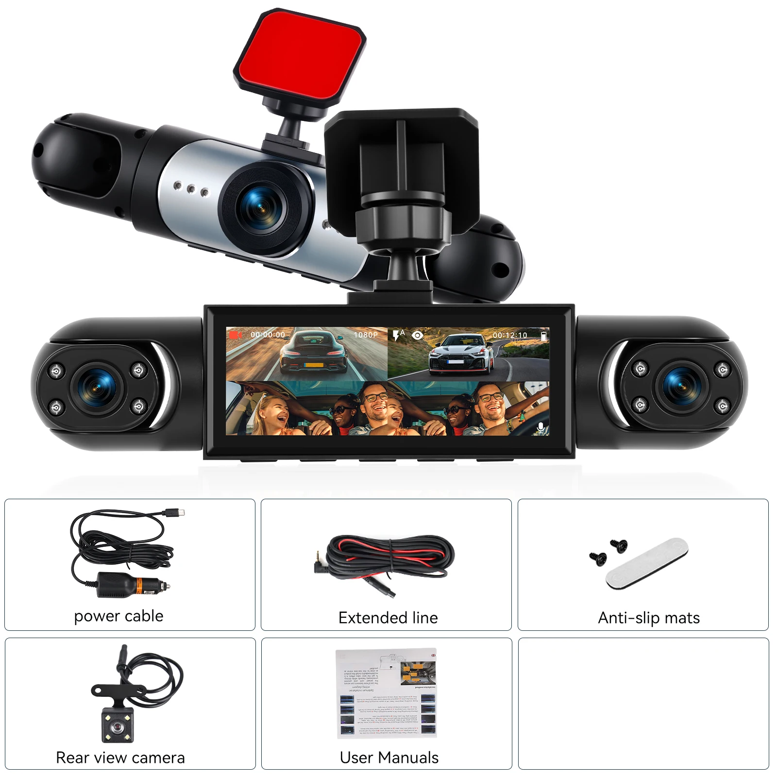 Podofo 3,16'' Dashcam mit vier HD-Objektiven, Bewegungserkennung, Auto-DVR, mehrsprachiger Auto-Videorekorder 150 ° Großer Betrachtungswinkel – Detail 15