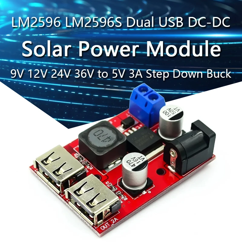 

LM2596 LM2596S Dual USB DC-DC 9V 12V 24V 36V to 5V 3A Step Down Buck Converter Board Car Charger Solar Power Supply Module