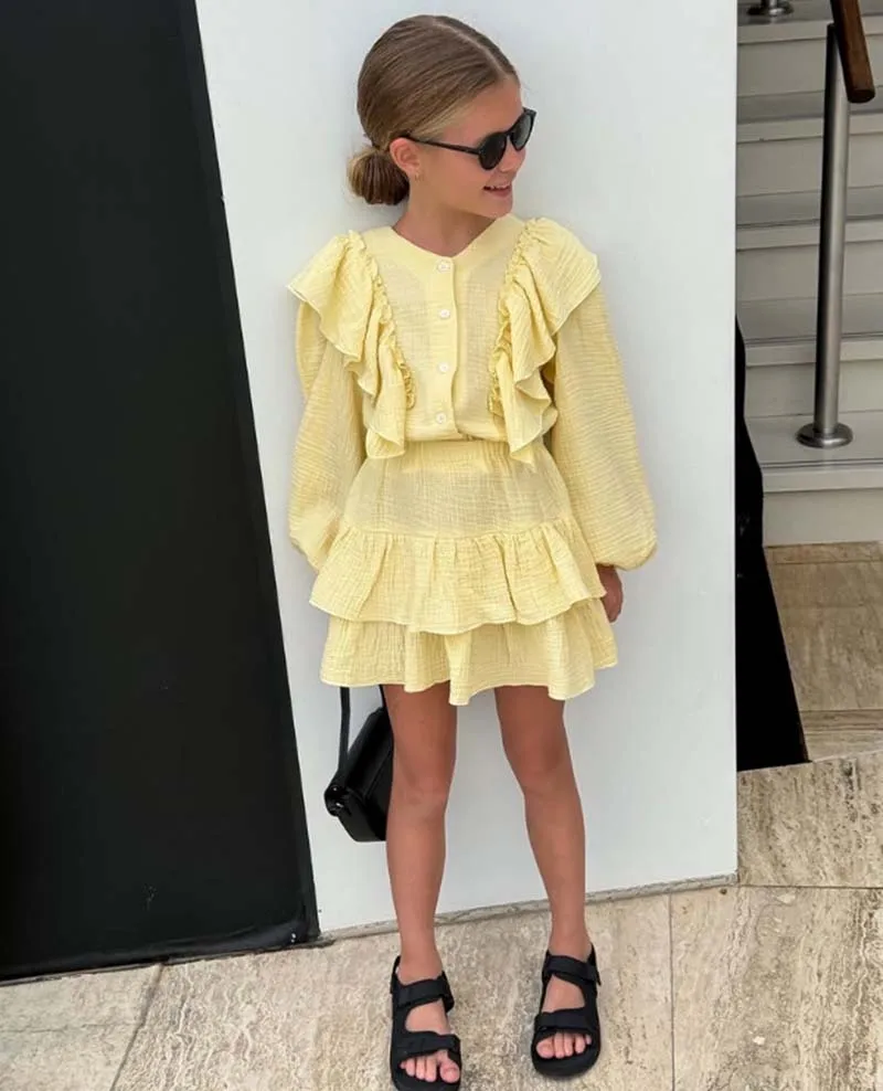 WOOFOO Girls Sweet Set  2025 Spring Summer Cotton Solid Labtern Sleeve Ruched Shirt Layered Skirt  Fashion Casual European