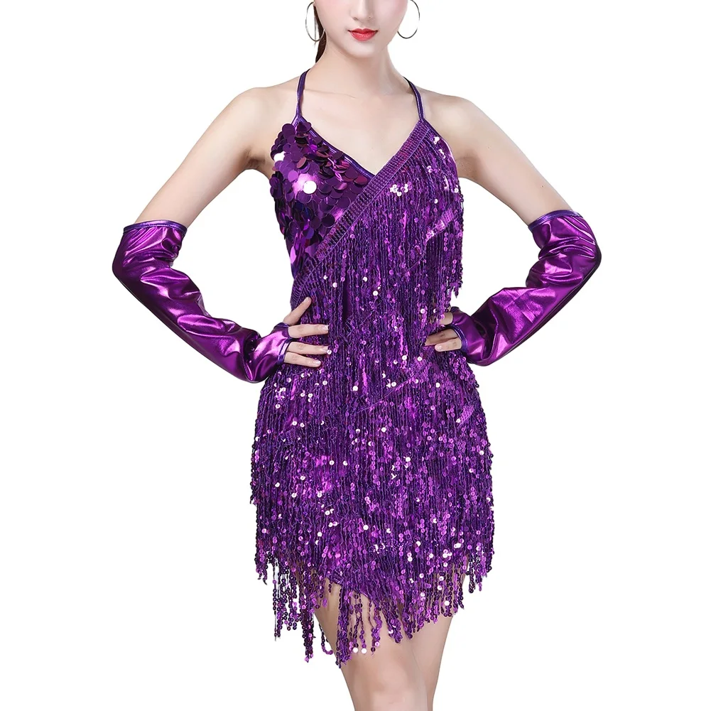 Competitiekleding Damesjurk Alle seizoenen Backless kostuum Halter Neck Feestjurk Prom Pailletten Latin Mouwloos