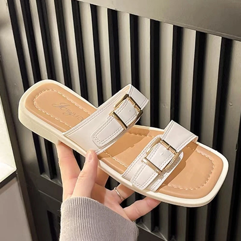 Elegant Women's Sandals Buckle Belt Square Toe Woman Slippers 2023 Summer Chunky Heels Ladies Slides Flip Flops Chaussure Femme