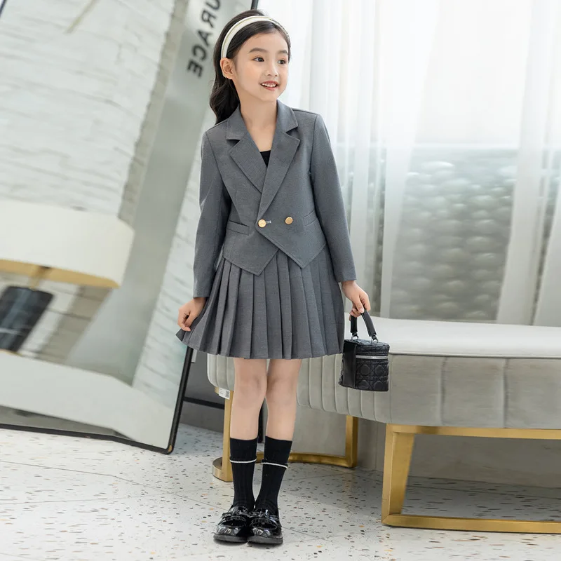 New Autumn Winter Girls Kids 2 Piece Child Outfits Teenager Suit Set Slim Blazer Jacket Top + Mini Pleated Skirt 4 5 10 12 Year