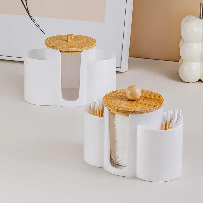 Esta caixa de armazenamento de almofadas de algodão 3 em 1 pode armazenar almofadas de algodão, almofadas removedoras de maquiagem, palitos de dente, palhetas de fio dental, sopros de pó, etc.