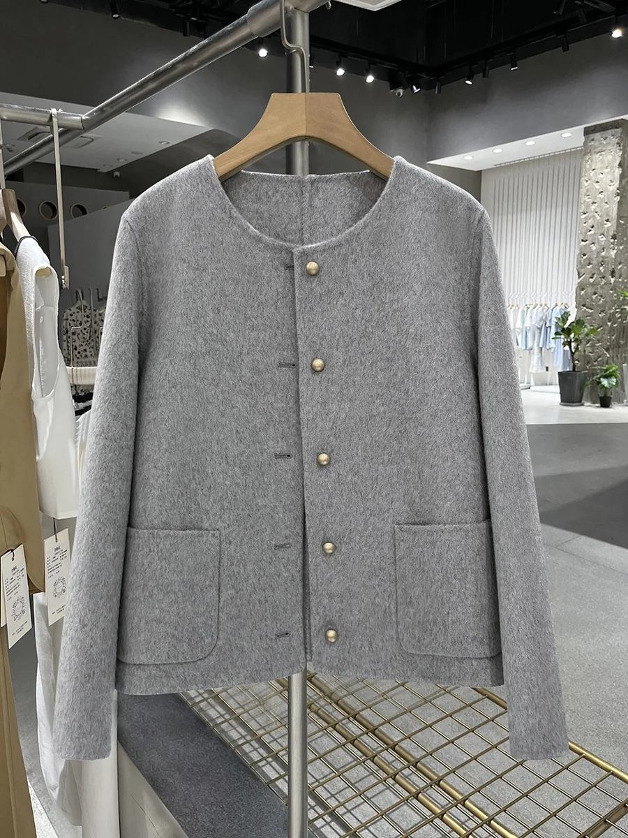 

ay Woolen ort Double-Sided Tweed Coat for Women Faionable Autumn Winter New Sle Commute Button Pure Color Long Sve