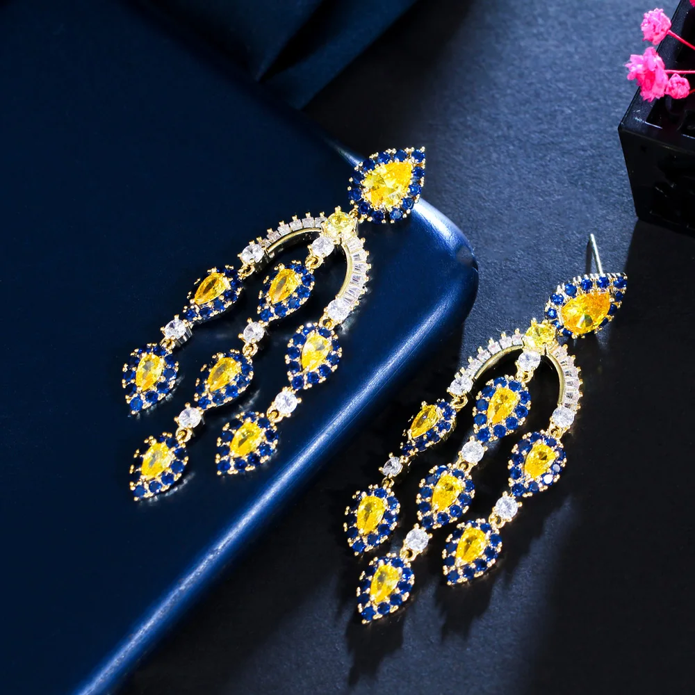 ThreeGraces Classic Yellow Blue Cubic Zircon Long Water Drop Tassel Earrings for Women Luxury Bridal Wedding Jewelry E1743