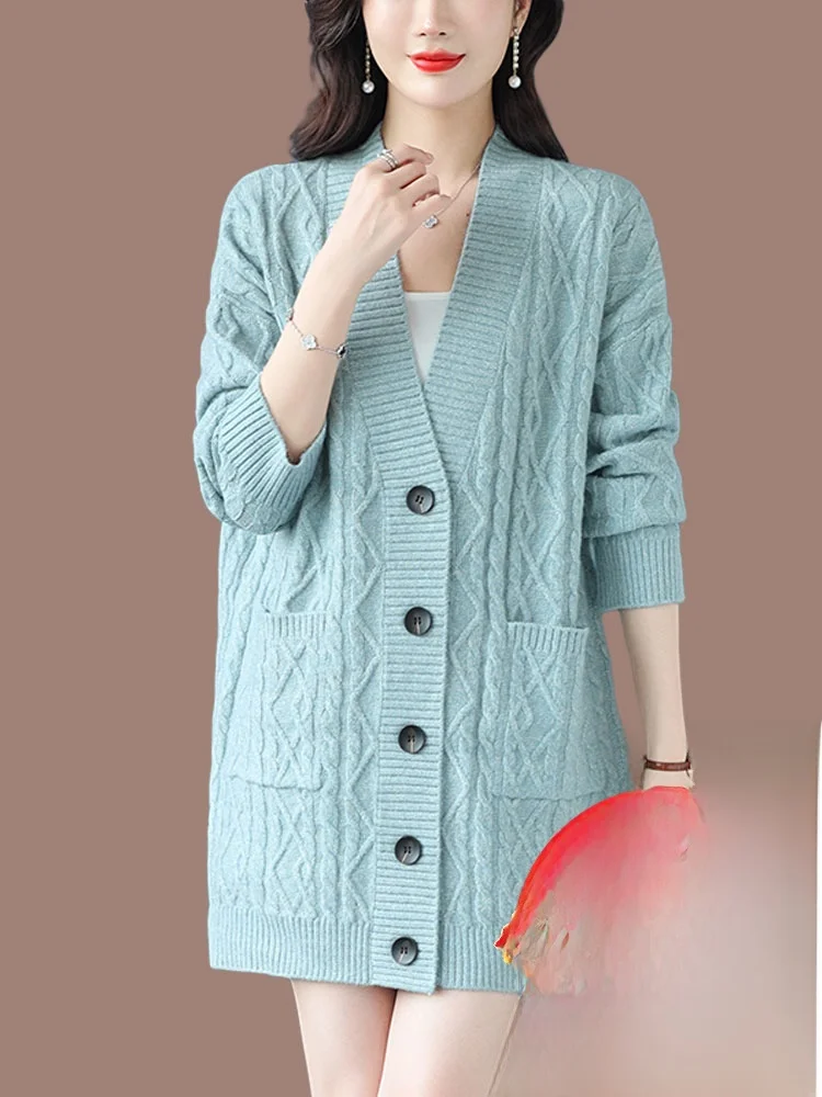 Cardigan tricoté mi-long pour femme, manteau ample, paresseux, grande taille, vêtements d'extérieur en laine, v-ne Long, automne hiver