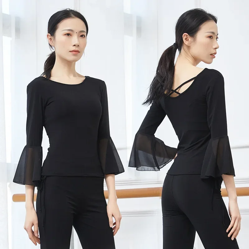 

Рубашка с крестом, костюм с длинными рукавами для женщин, танцевальная одежда, одежда для танцоров, одежда для взрослых, хлопок, танец живота, расклешенный рукав, верх сзади