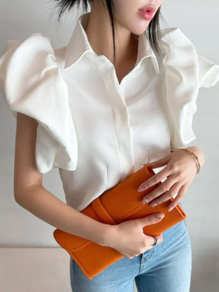 Woherb Vintage Puff Sleeve Elegant Shirt White Black All Match Blouse Turn Down Collar Office Ladies Blusa Female Casual Tops