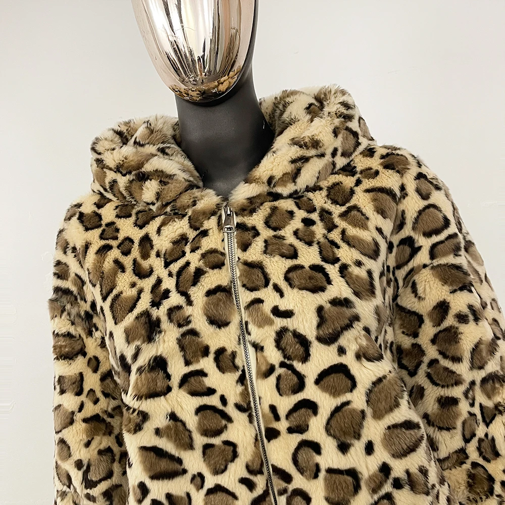 MENINA 2025 New Winter Clothing Women Natural Rabbit Fur Jacket Short Hooded Zipper Real Fur Coat Female Fashion Leopard Clothes