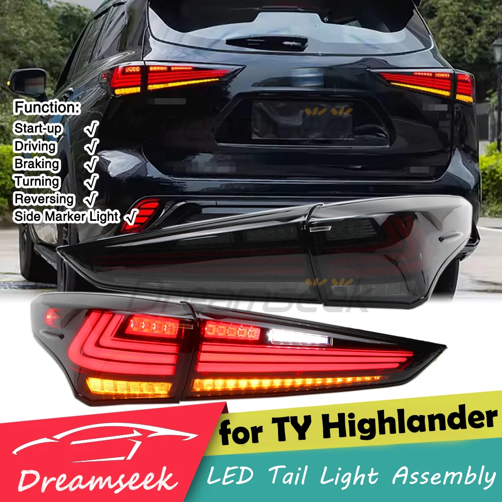 LED Rear Tail Light Assembly for Toyota Highlander Kluger 2020-2023 Brake Running Dynamic Sequential Turn Signal Lamp Smoke Lens