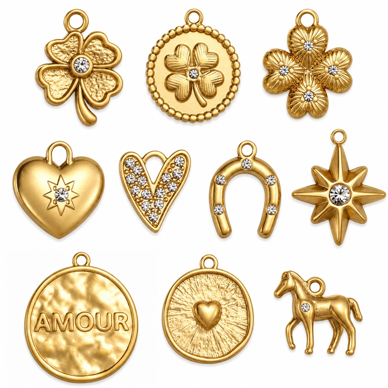 3Pcs Rhinestone Heart/Horse/Lucky Four Leaf Clover Charms Stainless Steel Pendants DIY Necklace Earrings Jewelry Making Supplies