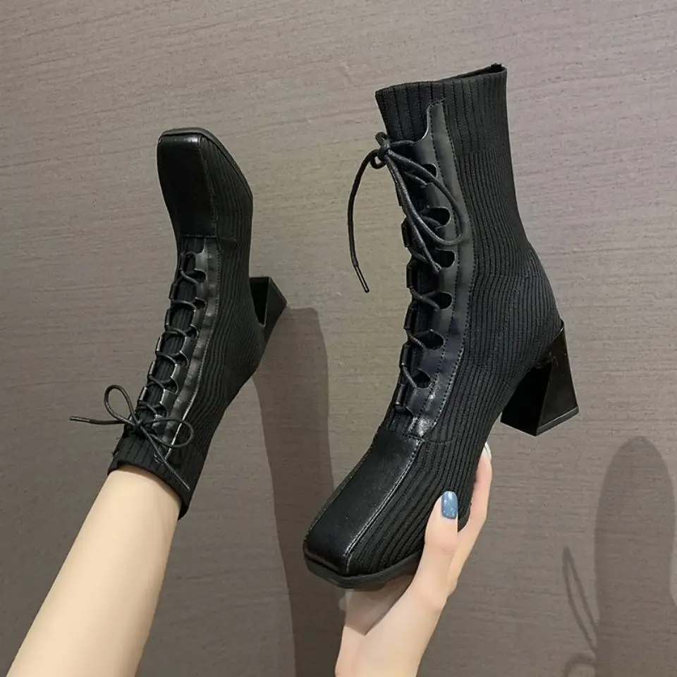 2022 Autumn and Winter New Fashion Stitching Knitted Elastic Stockings High Heels Women\'s Short Boots Square Toe