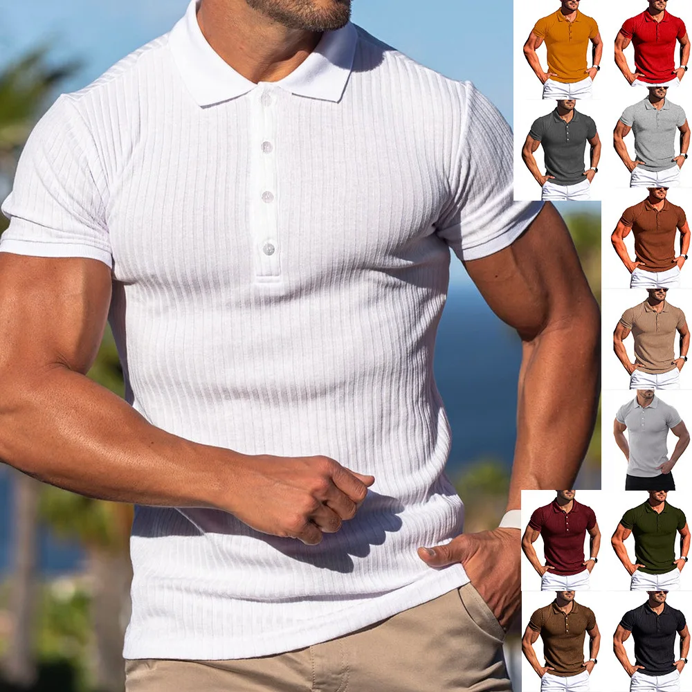 

New European and American men's summer sports fitness leisure stretch vertical bar short sleeve POLO shirt men