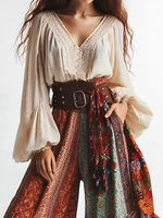 Lantern Sleeves Boho Blouse Solid Color V Neck Lace Patchwork Ethnic Style Women Tops Spring Summer Autumn Chic Blouses