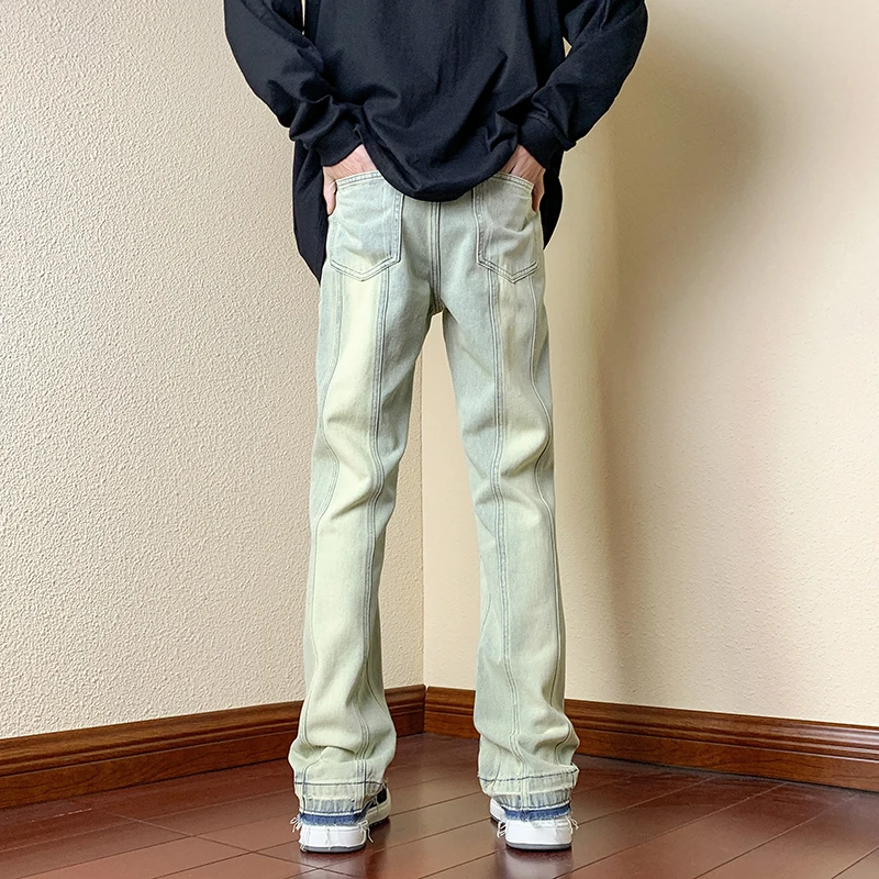 

Spring Autumn Men's Bell Bot Denim Jeans American Vintage Waed Yellow Mud Dye High Street Straight Leg Trousers