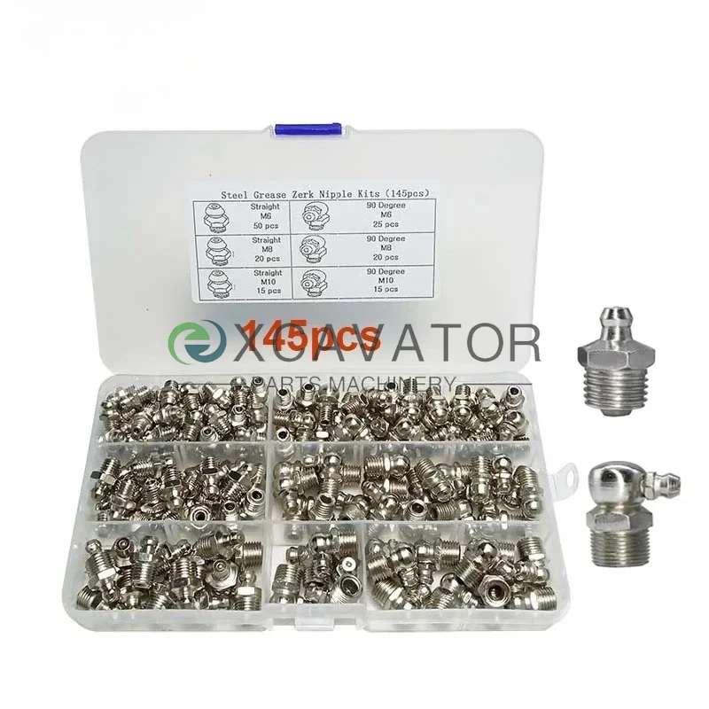

145pcs M6 M8 M10 Straight and 90 Degree Steel Zerk Fitting Grease Nipple Fittings Assortment Kit for Car Excavator Grease Gun