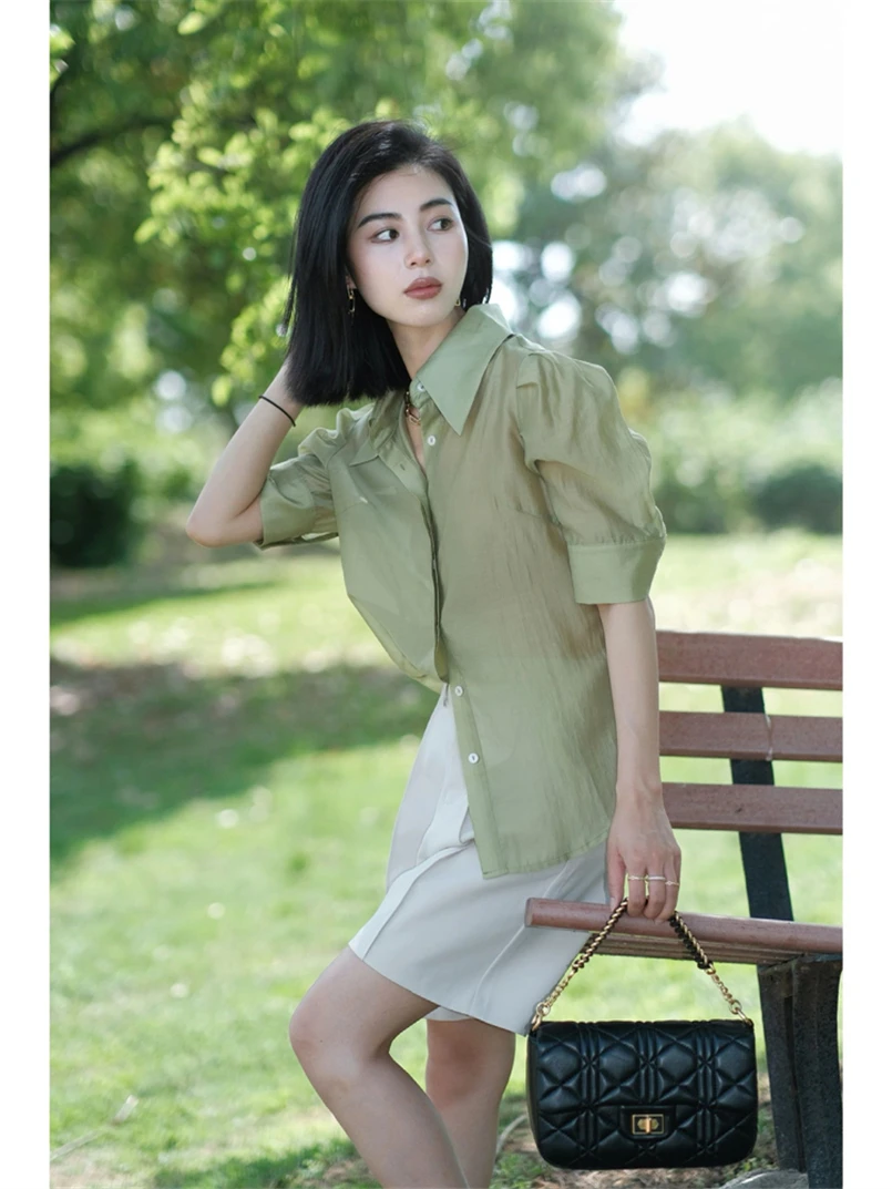 Zomer Dames Tops Button Up Lyocell Lichtgewicht Blouse Effen Kleur Retro Casual Shirt Kantoor Dames Bladerdeeg Mouw Trui Tops