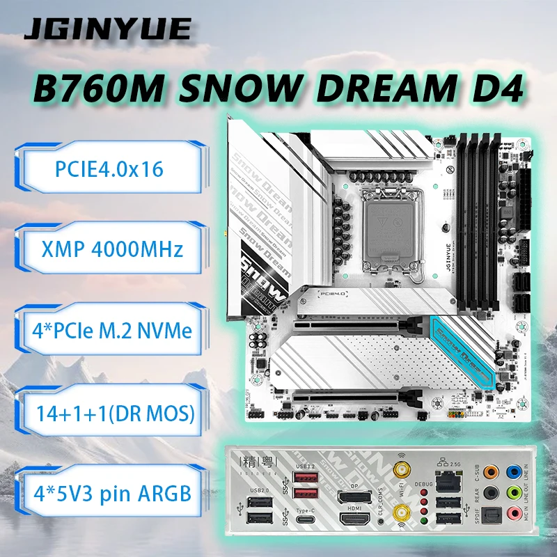 JGINYUE B760M Motherboard LGA 1700 Support Intel Core i3/i5/i7/i9 12th 13th Processor Dual channel DDR4 Memory B760M-Snow Dream