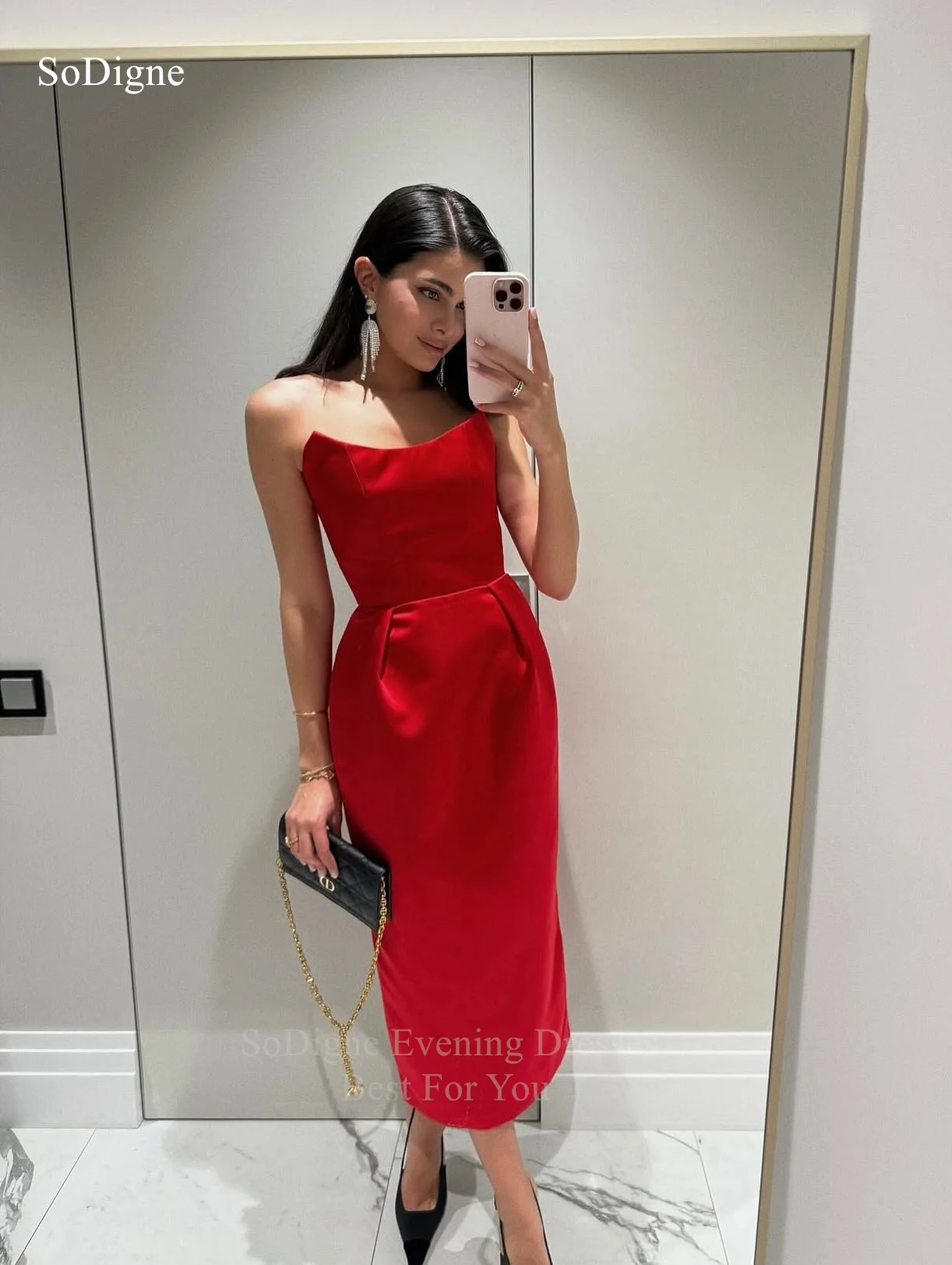 SoDigne Elegant Red Satin Evening Dresses Strapless Sleeveless Mermaid Party Dress Tea-Length Prom Gowns Customized