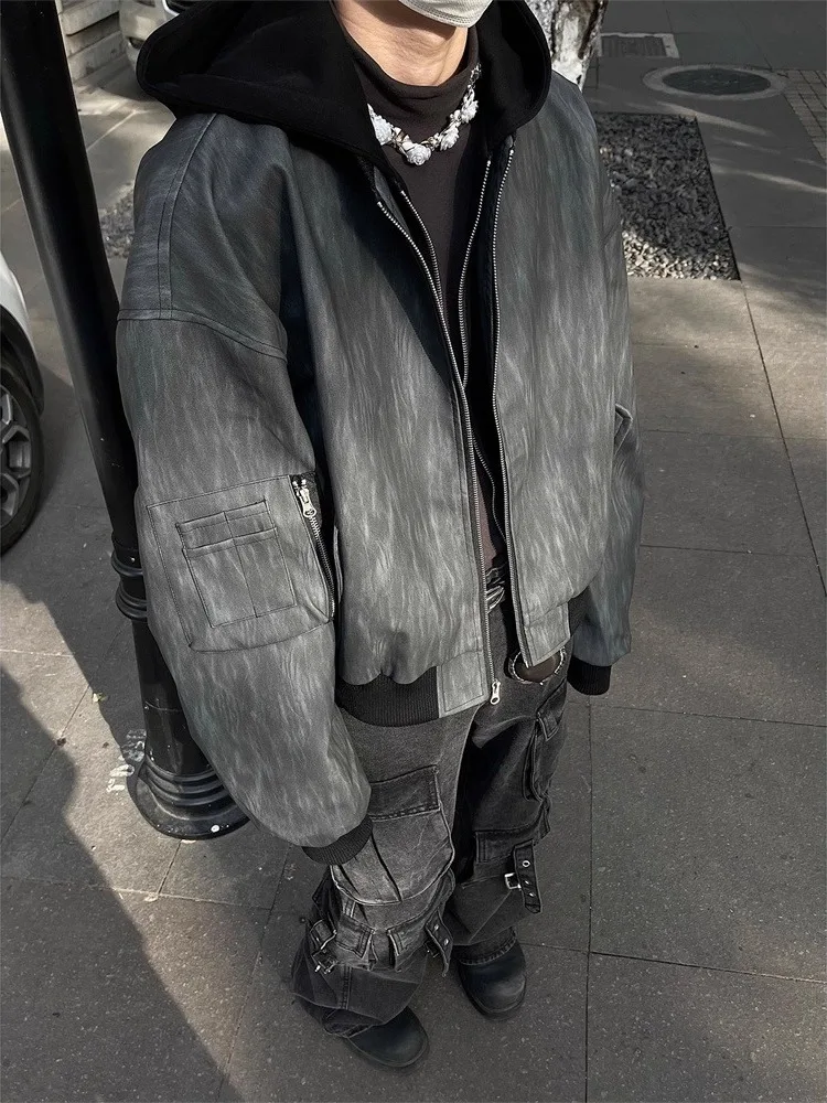 

American Sle Fake Two-Piece Cotton Jaet Men Winter Trend Loose PU Leather Cotton ort Thiened Baseball Sle Street Cool