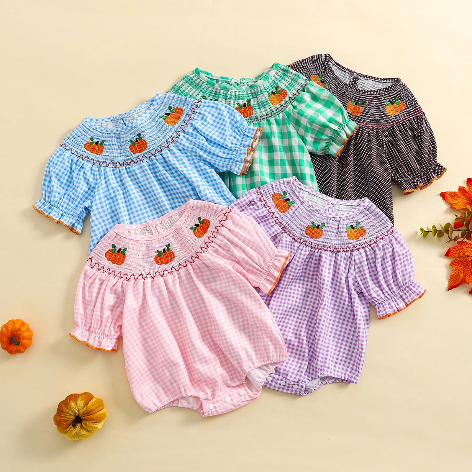 Baby Halloween Fall Romper Pumpkin Embroidered Plaid Short Sleeve Round Neck Ruffled Jumpsuits For Newborn Clothes