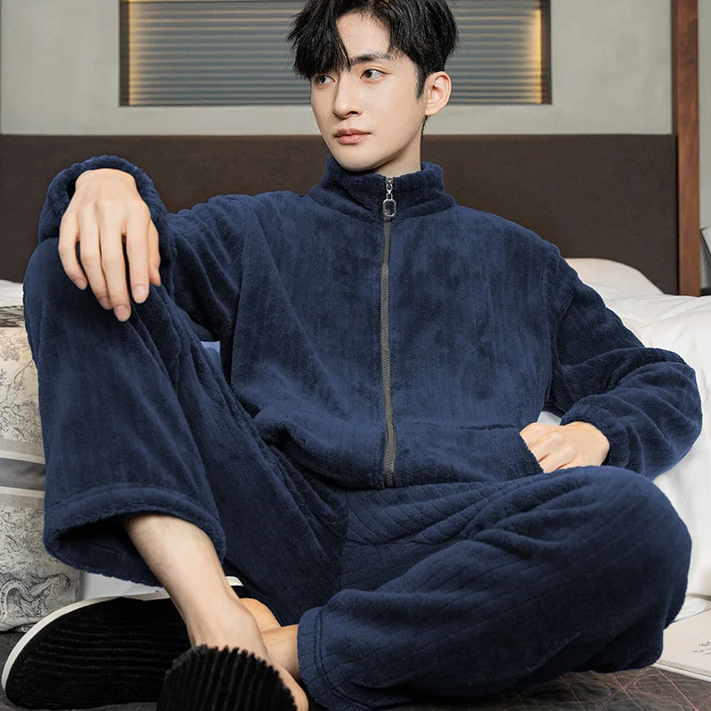 Men\'s Pajama Sets Winter Warm Homewear Flannel Loose Zip-up Nightwear 2 Pieces Thickened Sleepwear Male Home Clothes Big Size