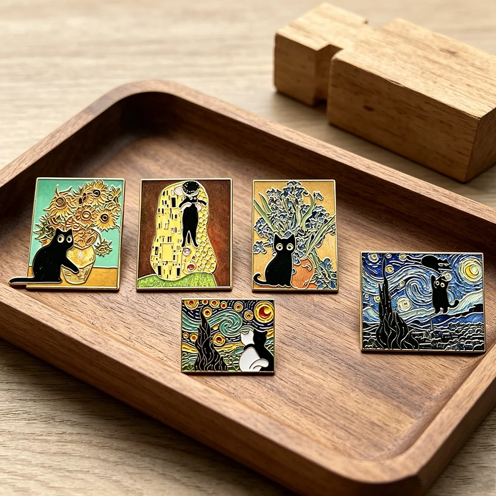 5pcs Famous Painting Black Cat - Collectible Vintage Brooches ulasan dan harga