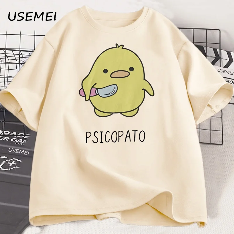 Psicopato T Shirt Men Women Cute Duck with Knife Tshirt Casual Short Sleeve Cotton Printed Round Neck T-shirt Streetwear Loose
