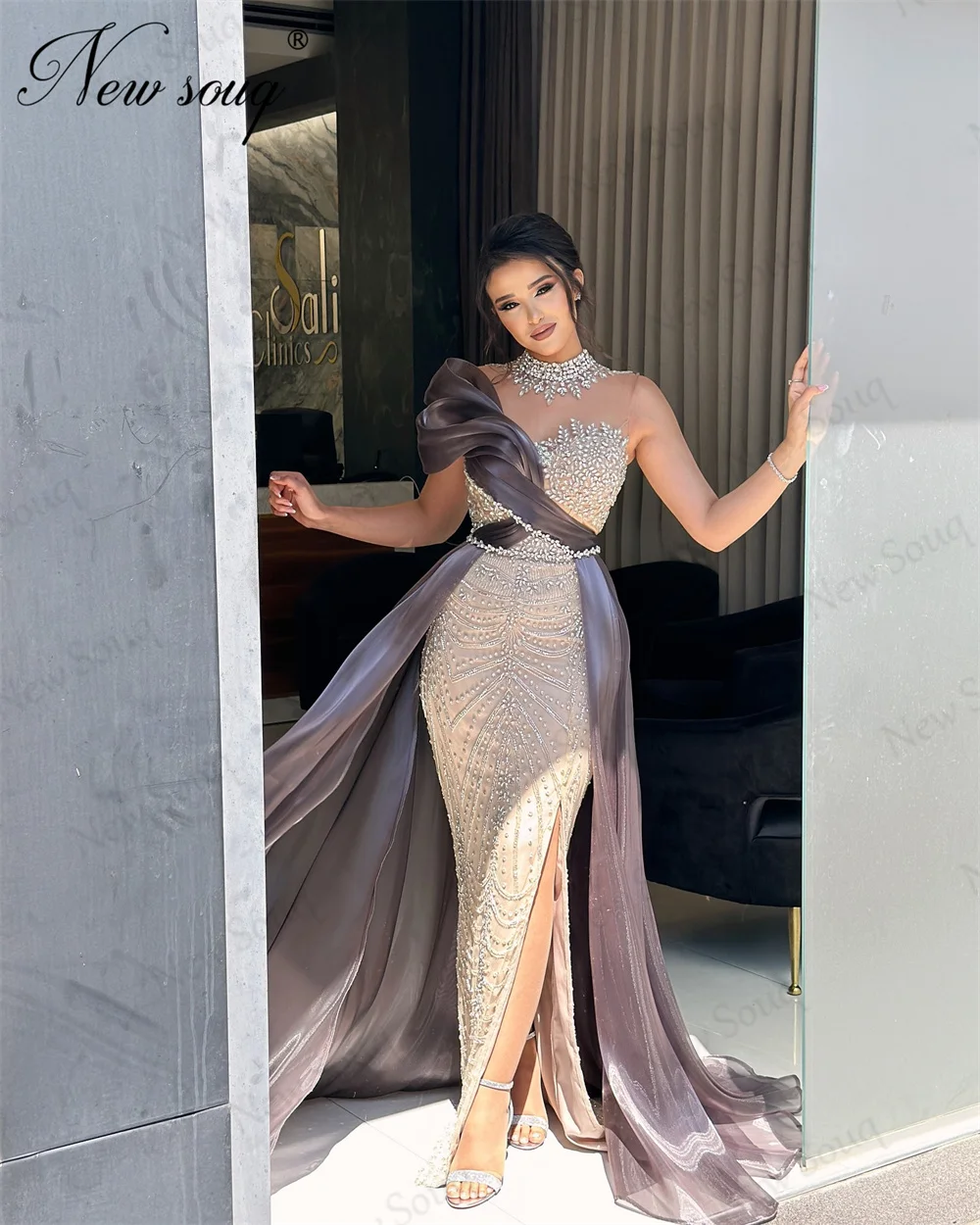 Beaded Evening Dresses Luxury Mermaid Split Side Prom Dress Robes De Soiree Arabic Dubai Crystals Wedding Party Gowns Customized